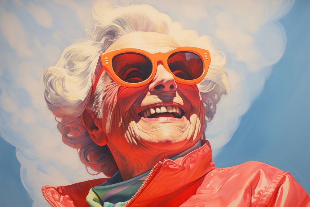 Elderly woman wearing sunglasses art painting portrait.