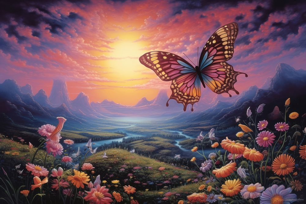 Flower meadow with butterfly painting art outdoors.