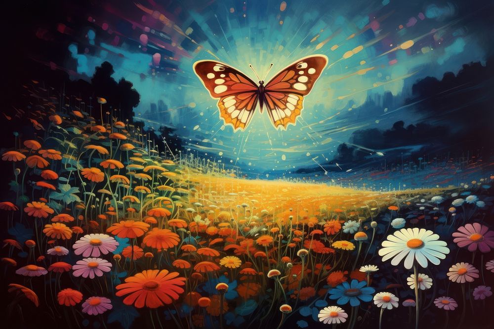 Flower meadow with butterfly painting outdoors nature.