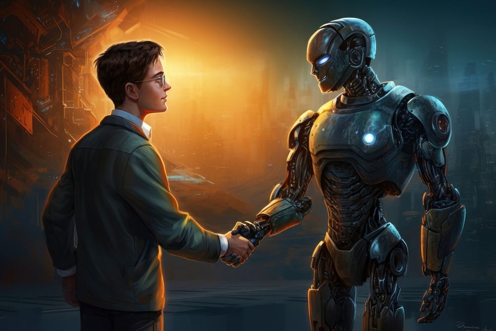Kid shaking hand with robot adult futuristic protection.