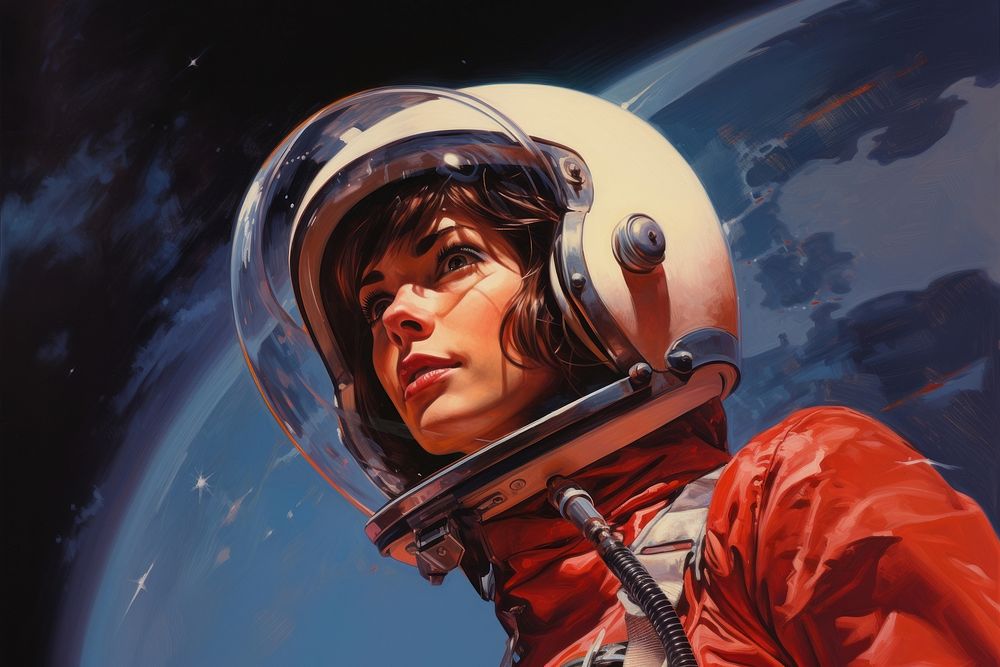 Woman in astronaut vehicle helmet transportation.