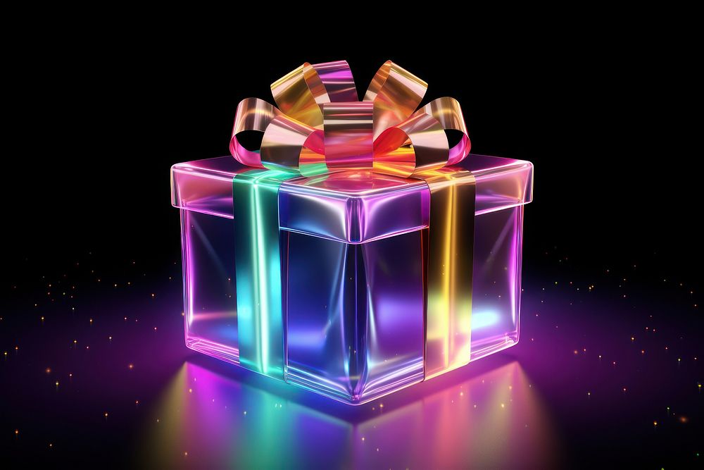 3D render of gift box neon illuminated celebration.
