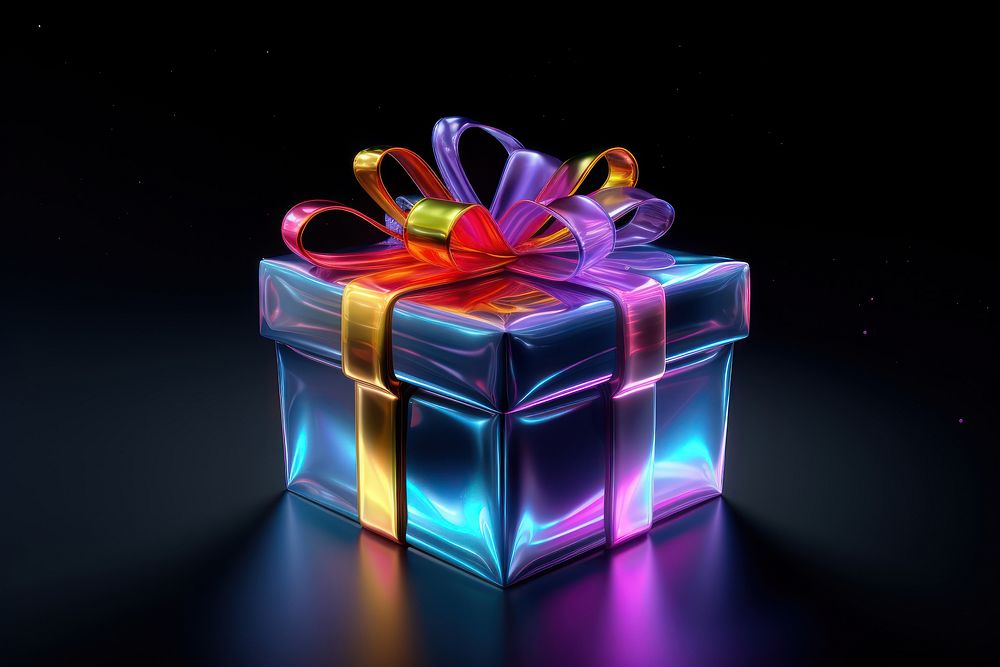 3D render of gift box neon bow illuminated.