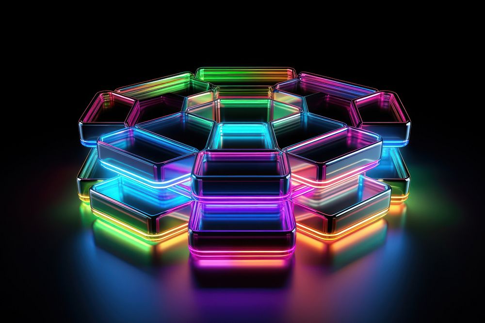 3D render of hexagon icon neon light illuminated.