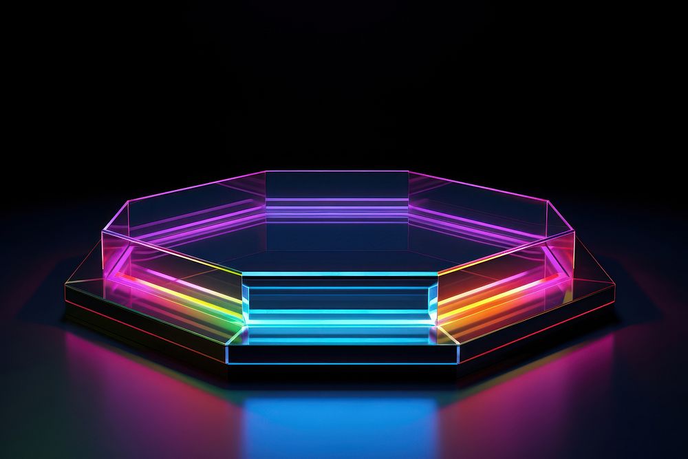 3D render of hexagon podium neon light illuminated.