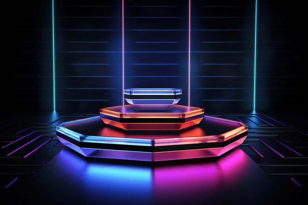 3D render of hexagon podium neon lighting purple.