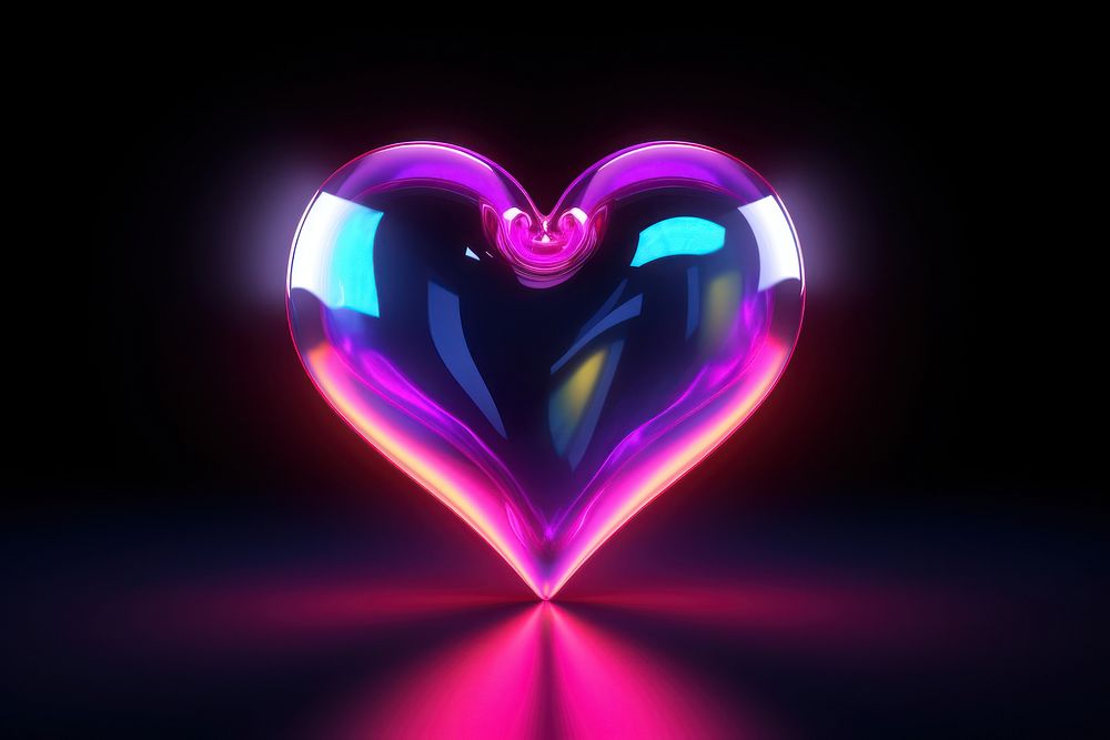3D render of heart shape purple neon illuminated.