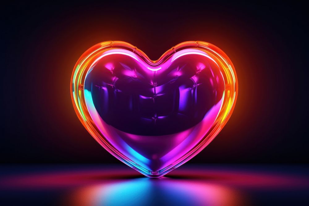 3D render of heart shape neon illuminated celebration.