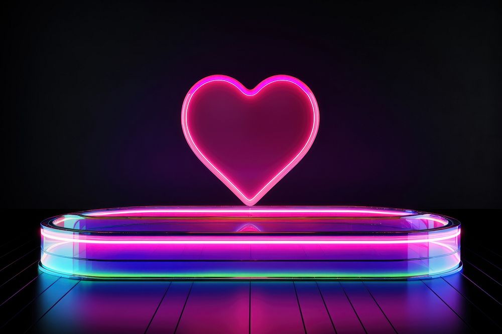 3D render of heart podium neon light illuminated.