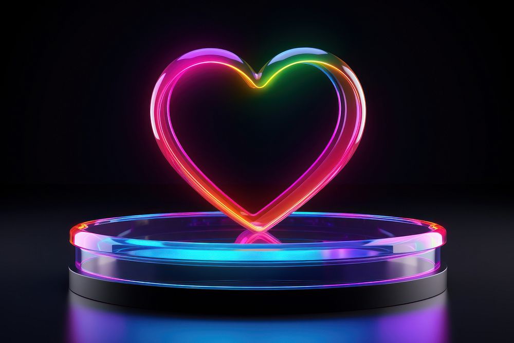 3D render of heart podium night neon illuminated.
