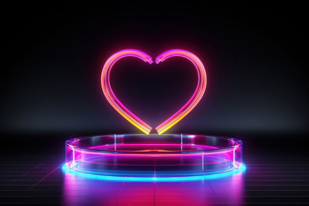3D render of heart podium neon light night.