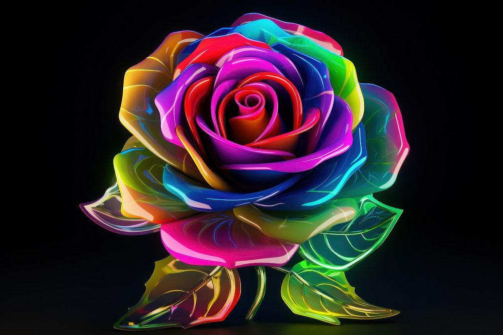 3D render of rose icon neon pattern flower.