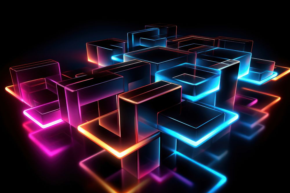 Neon technology light effect geometric shapes 3d render.