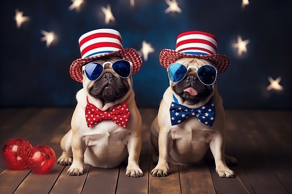 Two cute doggies wear festive clothes in American flag bulldog animal mammal.