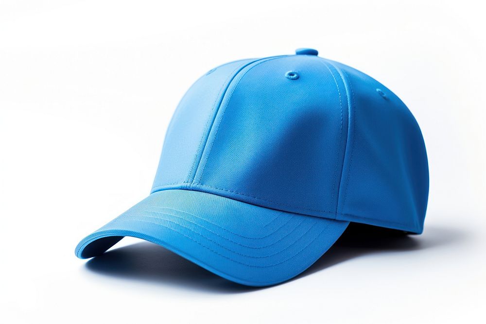 A blue baseball cap white background turquoise headwear.