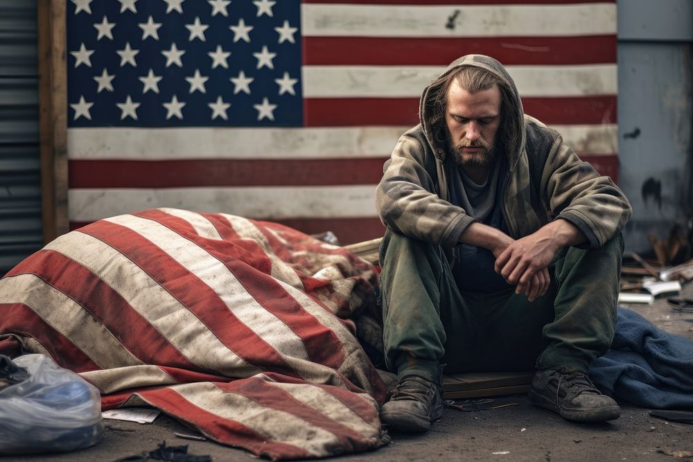 A homeless man on 4th of July day flag poverty adult.