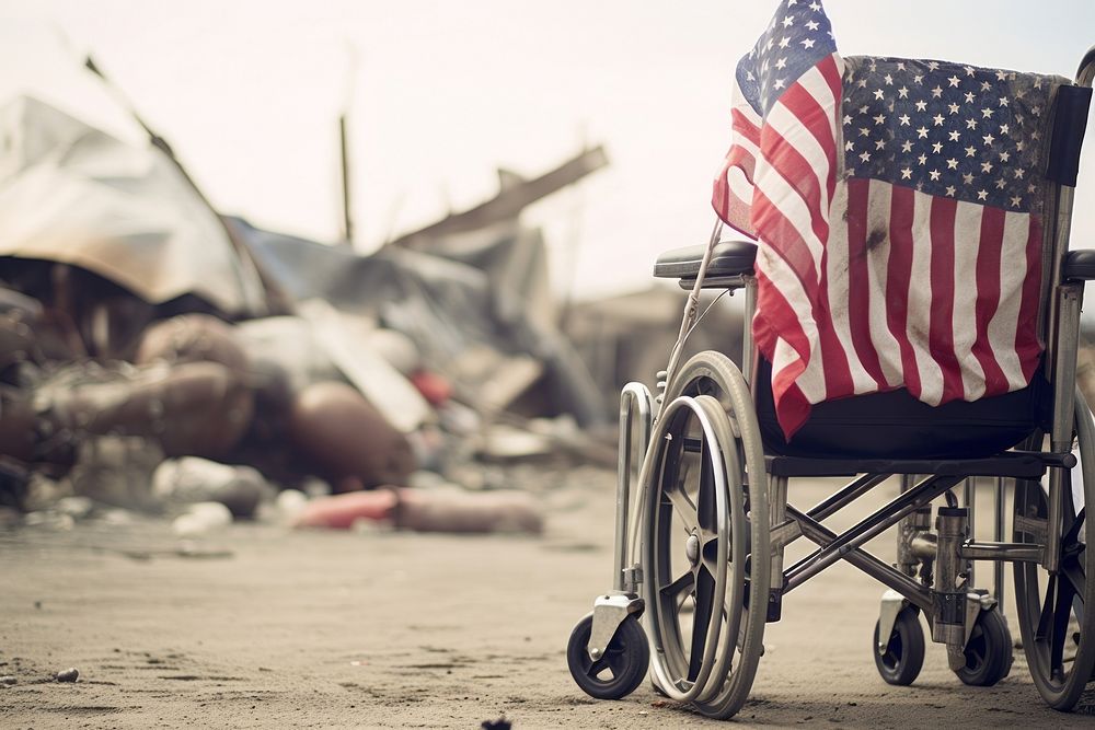 A Military wheel chair wheelchair flag day.