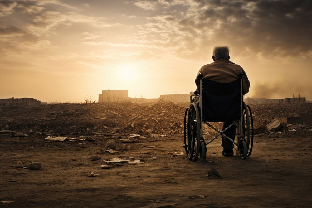 A Lonely old person wheel chair wheelchair outdoors adult.