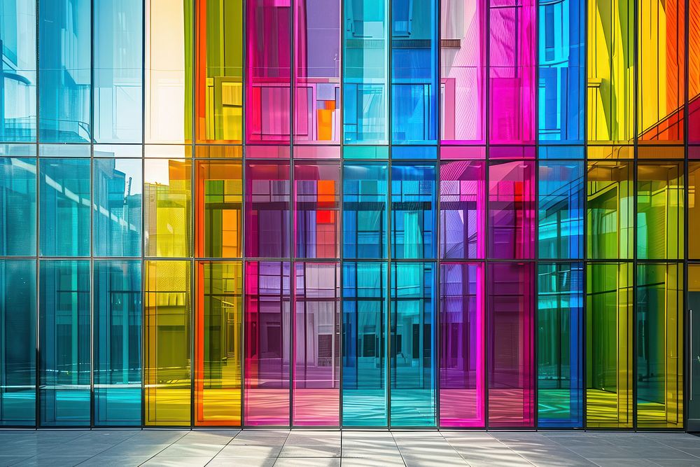 Multi-colored glass wall building architecture city.