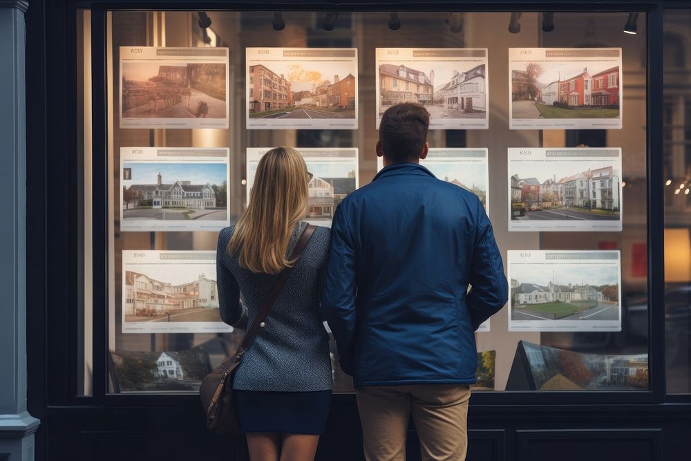  A couple looking at display of advertisements window adult architecture. AI generated Image by rawpixel.