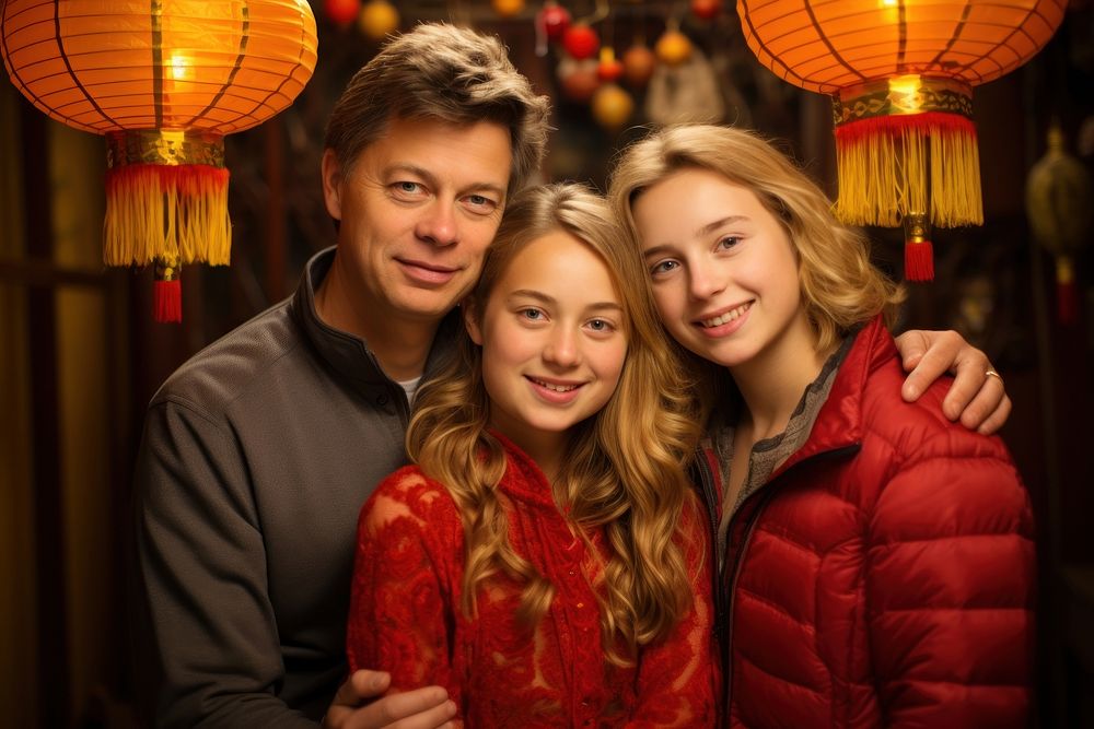 Caucasian foreigner family member on Chinese new year portrait lighting adult. AI generated Image by rawpixel.