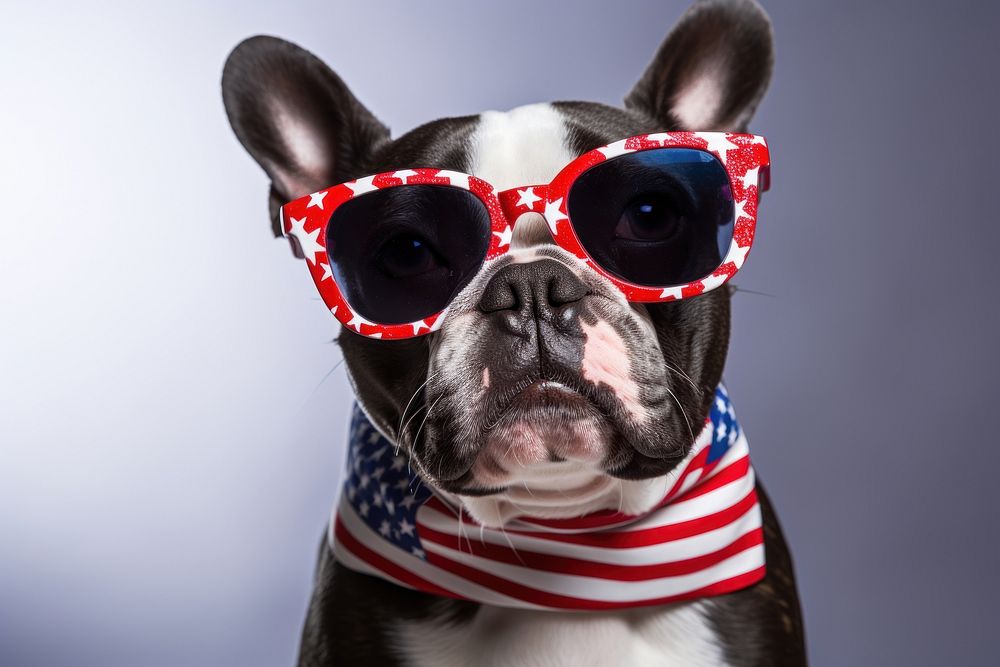 Boston terrier dog wearing Fourth of July Stars and Stripes Sunglasses and Necklace sunglasses bulldog mammal.