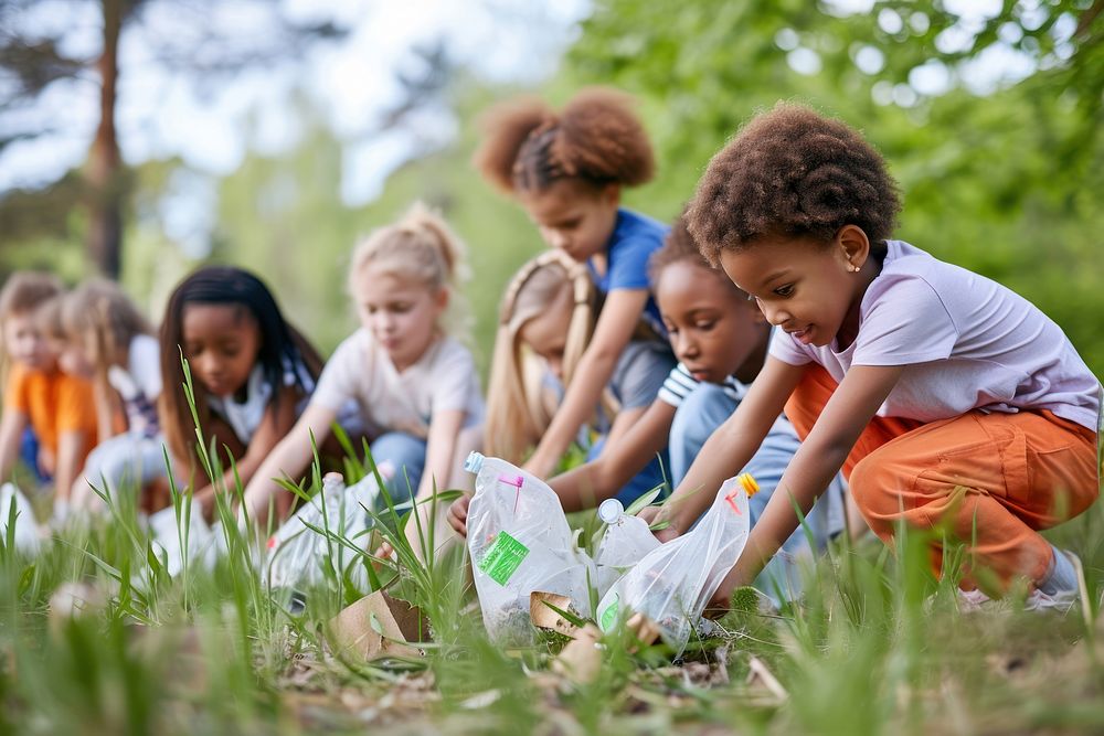Group of kids volunteer outdoors grass child.