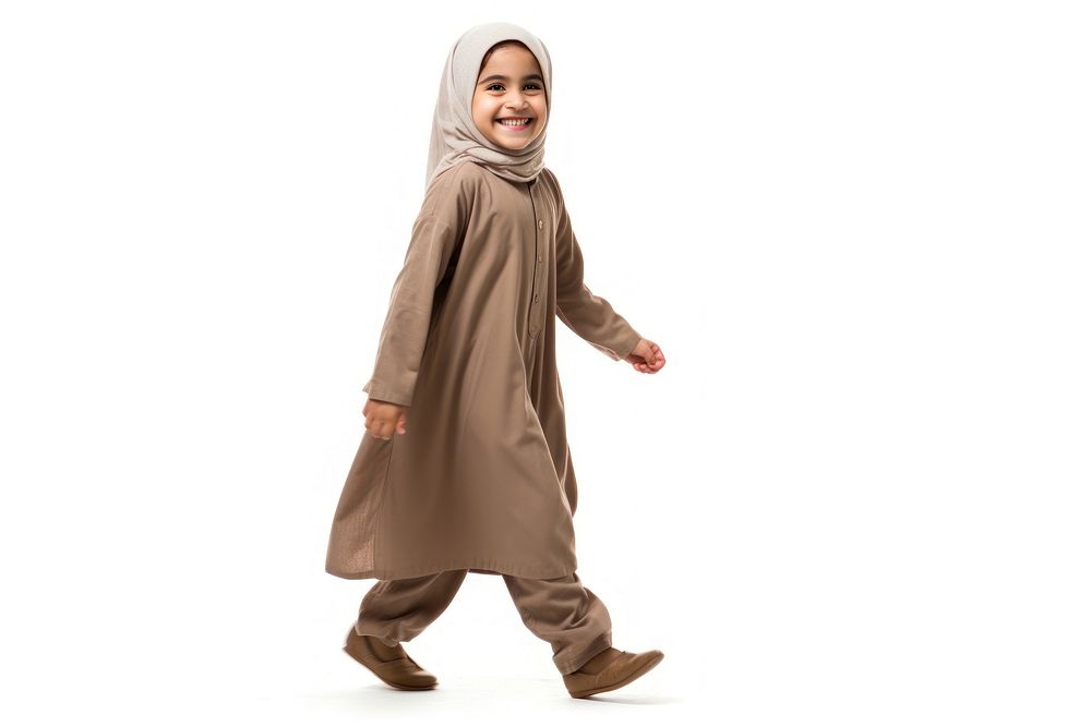 Kid Islamic girl walking fashion white background.