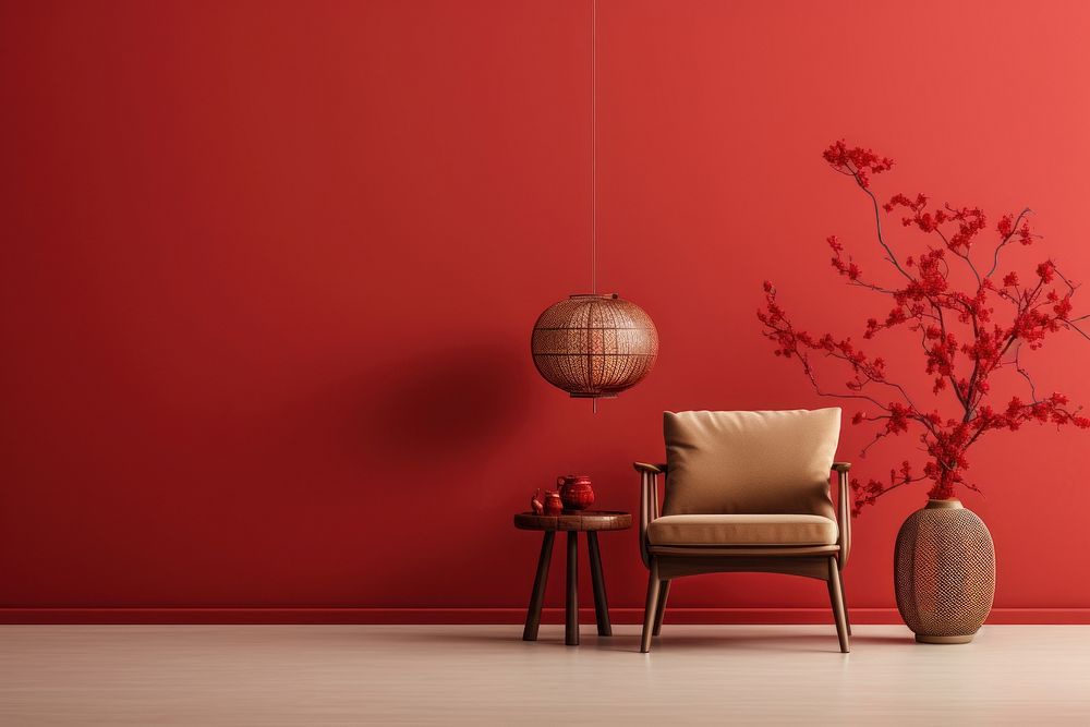 A room with Chinese New year decoration architecture furniture chair. AI generated Image by rawpixel.
