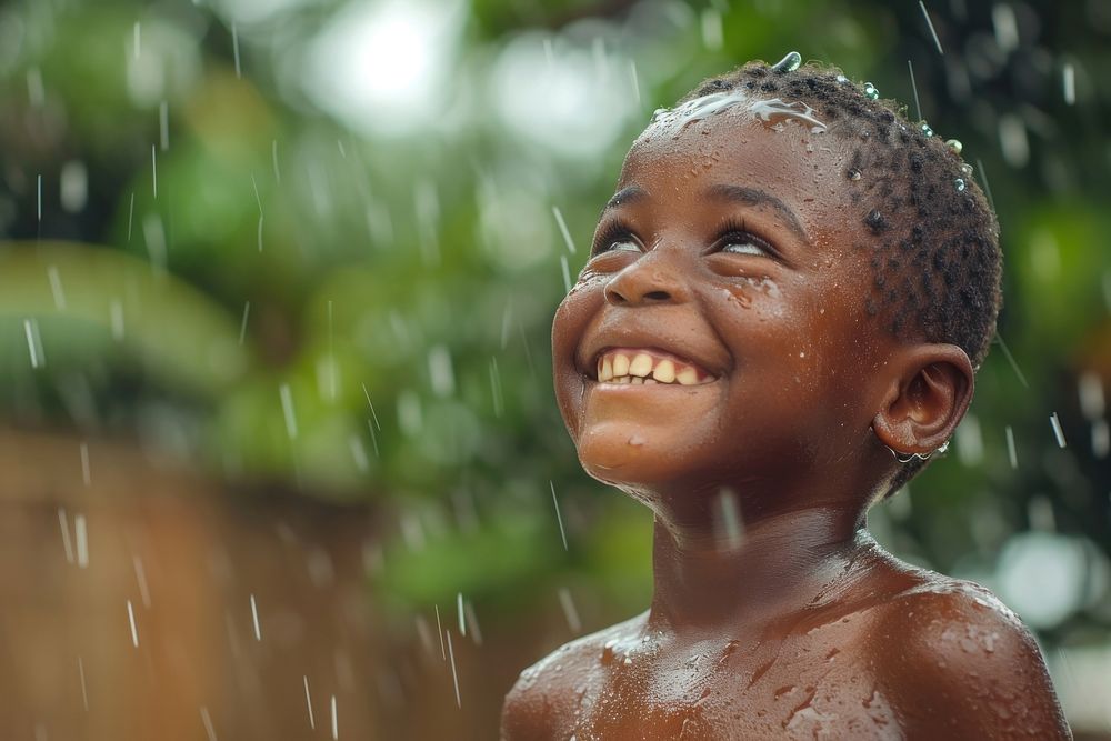 African boy happy with rain outdoors smile happiness.