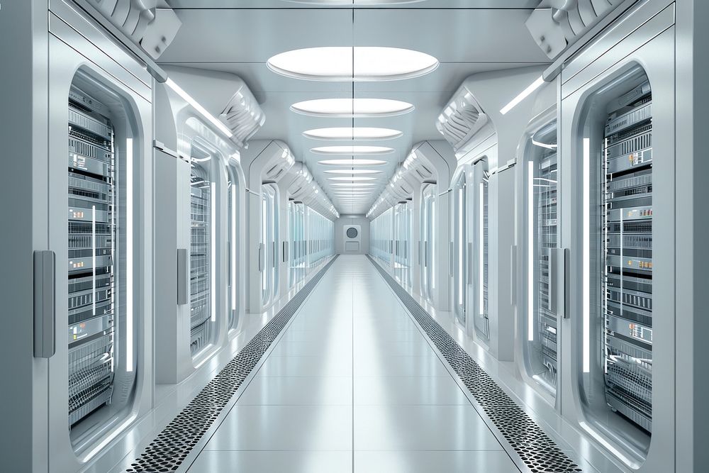 Data center corridor with white server architecture building electronics.