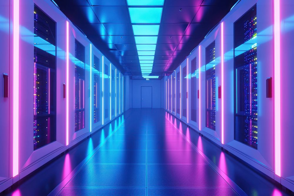 Data center corridor with white server purple technology computer.