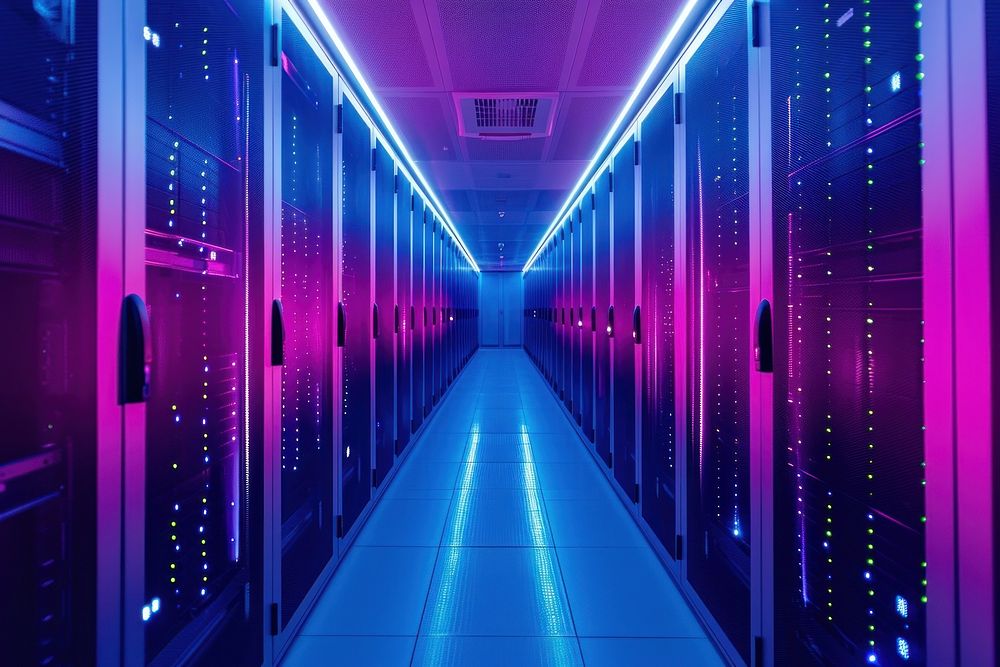 Data center corridor with white server technology computer purple.
