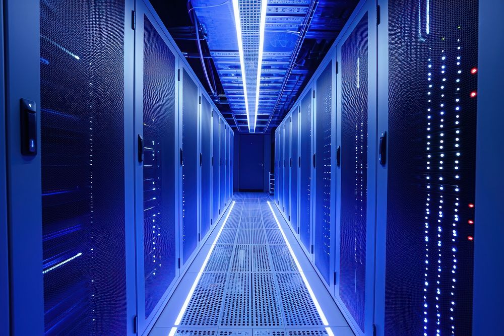 Data center corridor with white server technology computer blue.