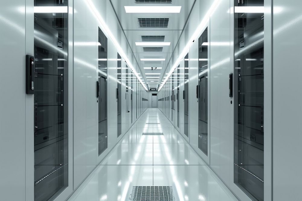 Data center corridor with white server computer architecture refrigerator.