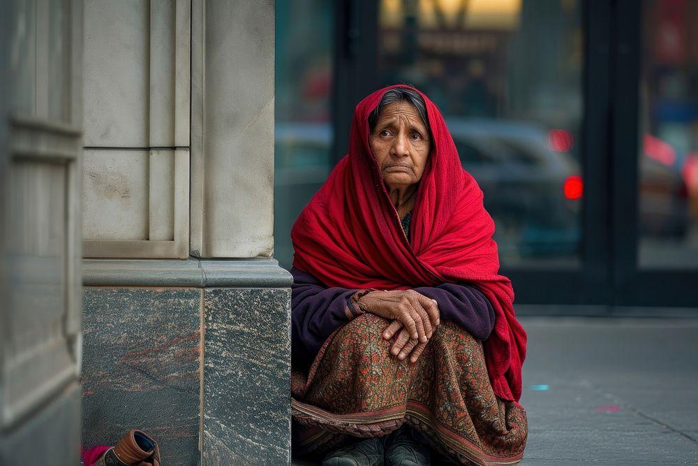 Homeless woman begging sitting city homelessness.