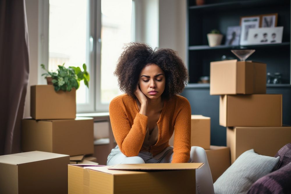  Sad african american woman box worried adult. AI generated Image by rawpixel.