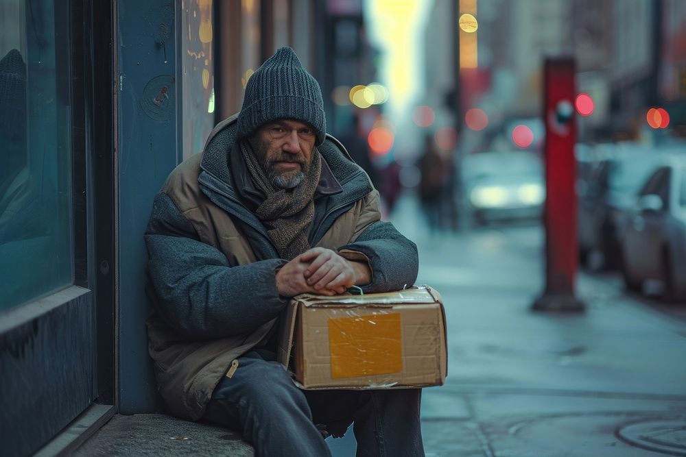 Poor homeless man begging for money sitting adult city.