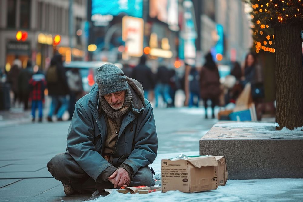 Poor homeless man begging for money adult city infrastructure.