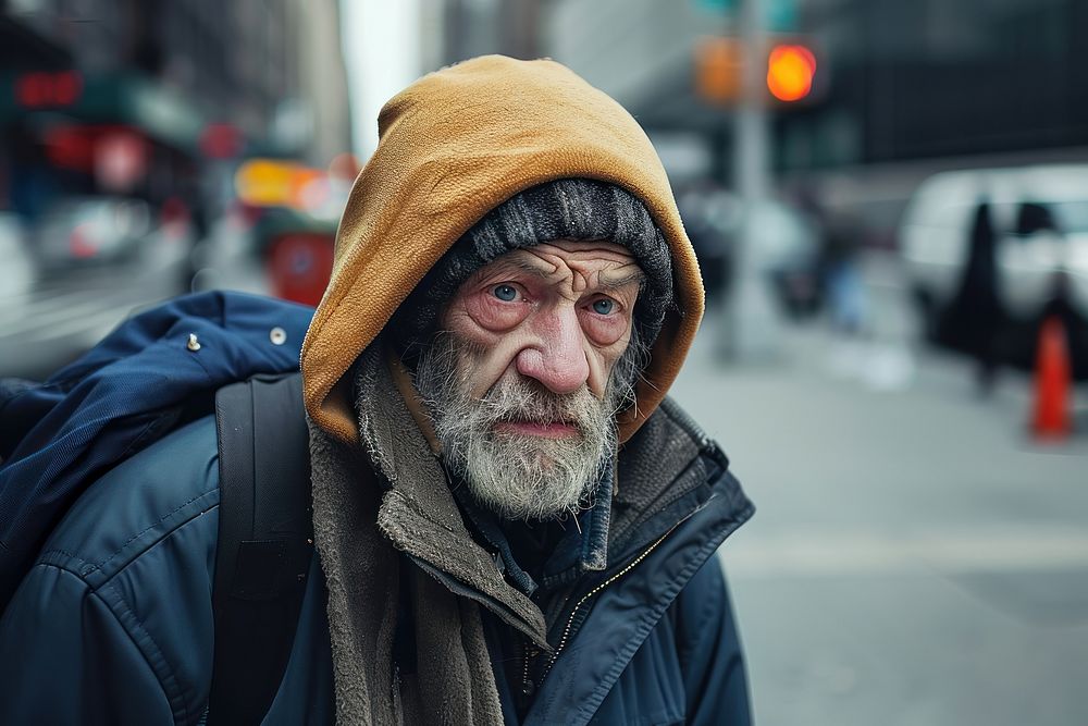 Poor homeless man begging for money portrait adult beard.