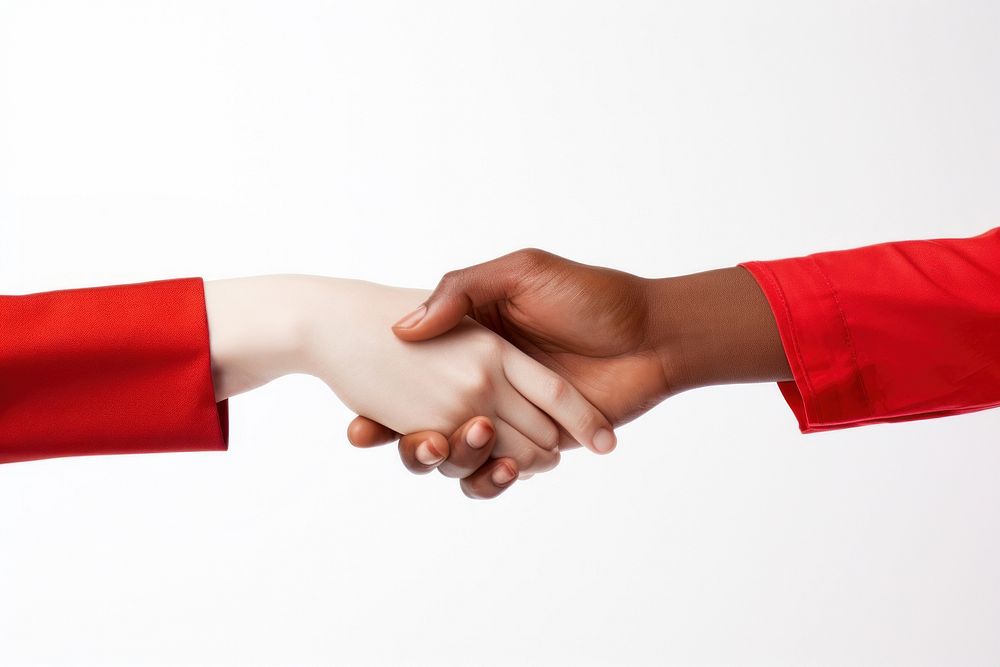 A hand shaking handshake red white background. AI generated Image by rawpixel.
