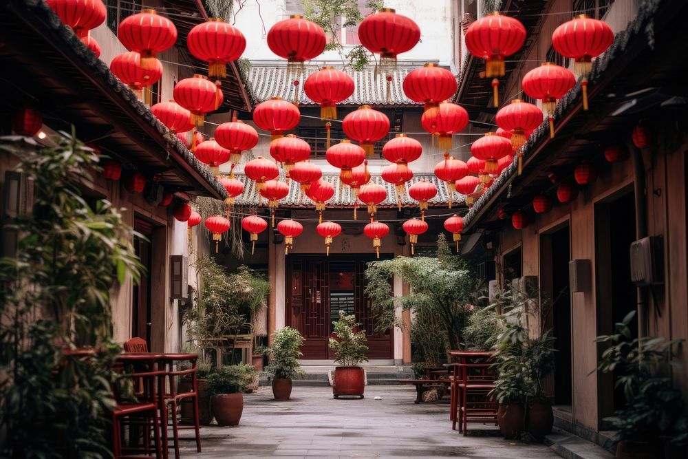 Red lanterns hang across the courtyard festival plant chinese new year. AI generated Image by rawpixel.
