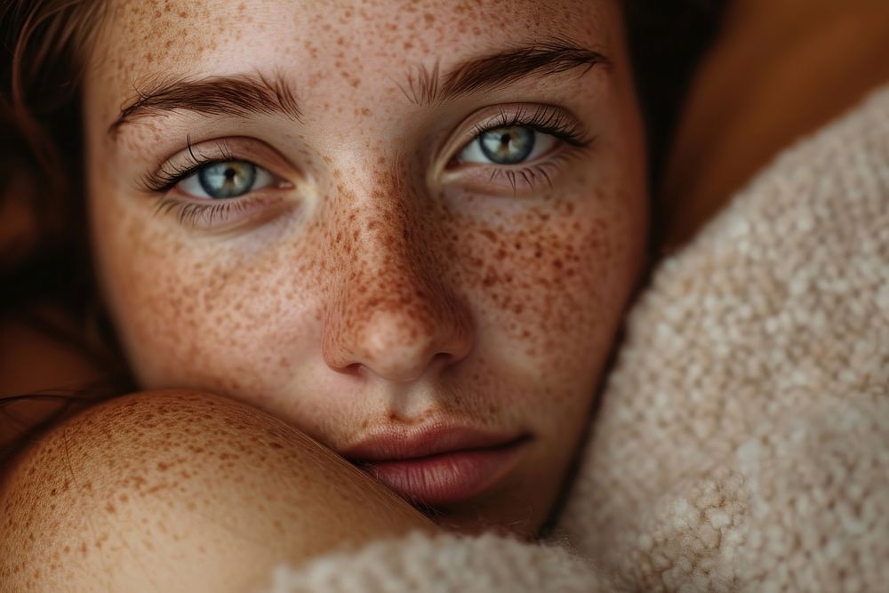 Woman model with freckles skin comfortable relaxation.