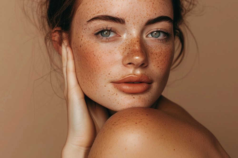 Woman model with freckles skin adult brown.