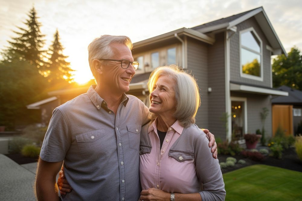  Senior couple standing outside their new home architecture building outdoors. AI generated Image by rawpixel.