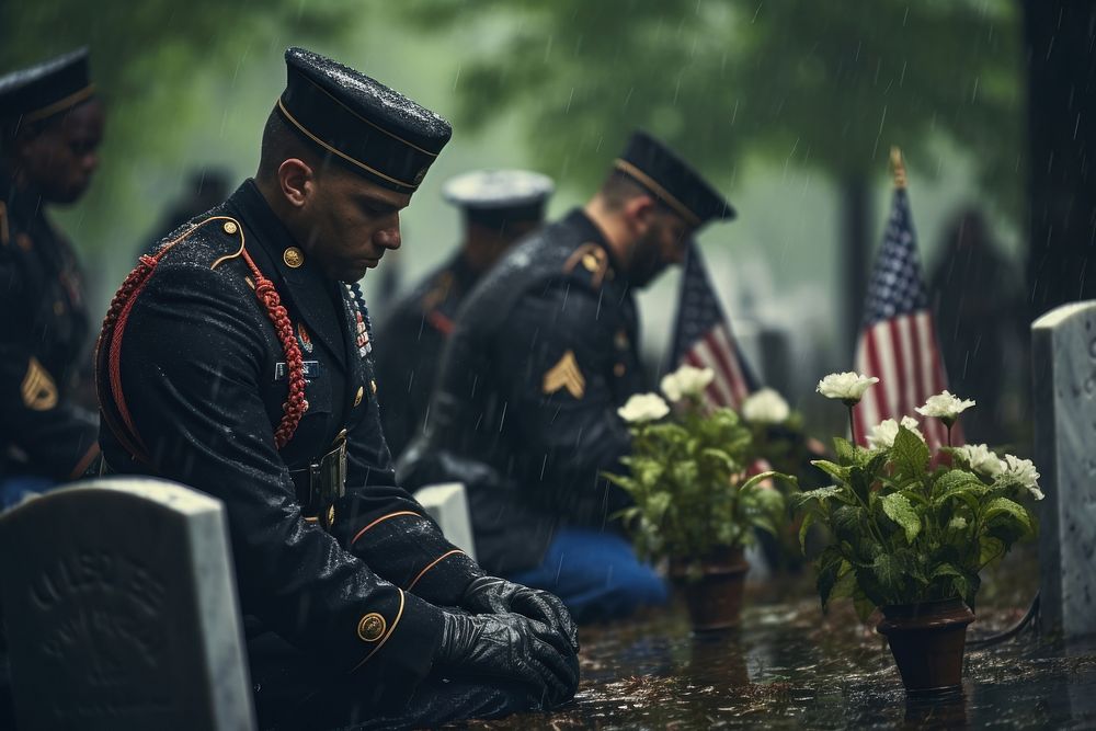 Several Military Officers stay on Fallen Soldiers Graves military uniform soldier.