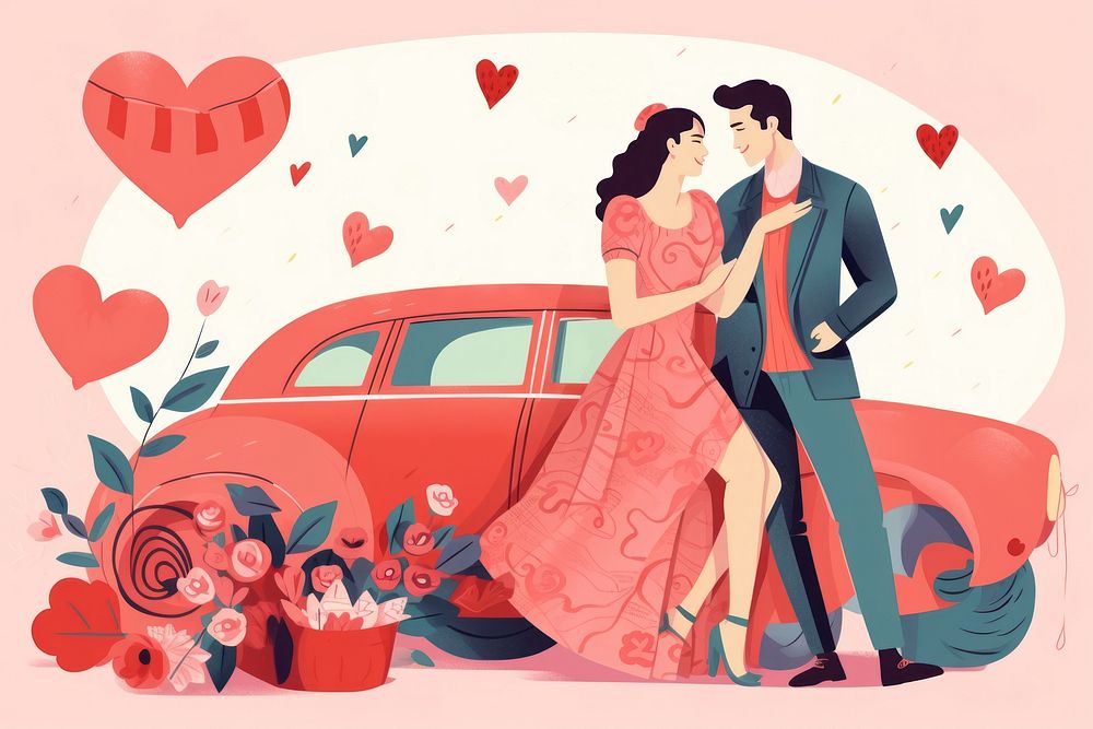 Car full of presents and hearts retro dress adult woman. AI generated Image by rawpixel.