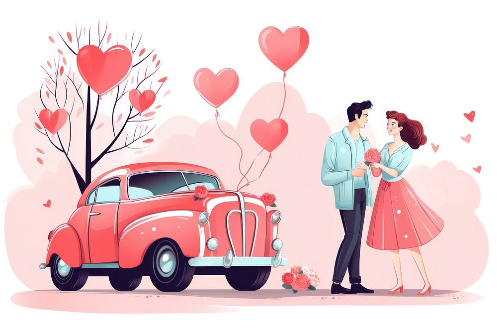 Car full of presents and hearts retro simple vector vehicle kissing adult. AI generated Image by rawpixel.
