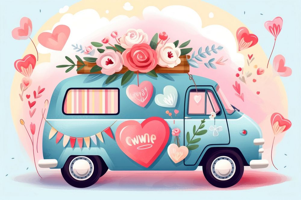 Truck full of presents and hearts retro simple vector vehicle car van. AI generated Image by rawpixel.