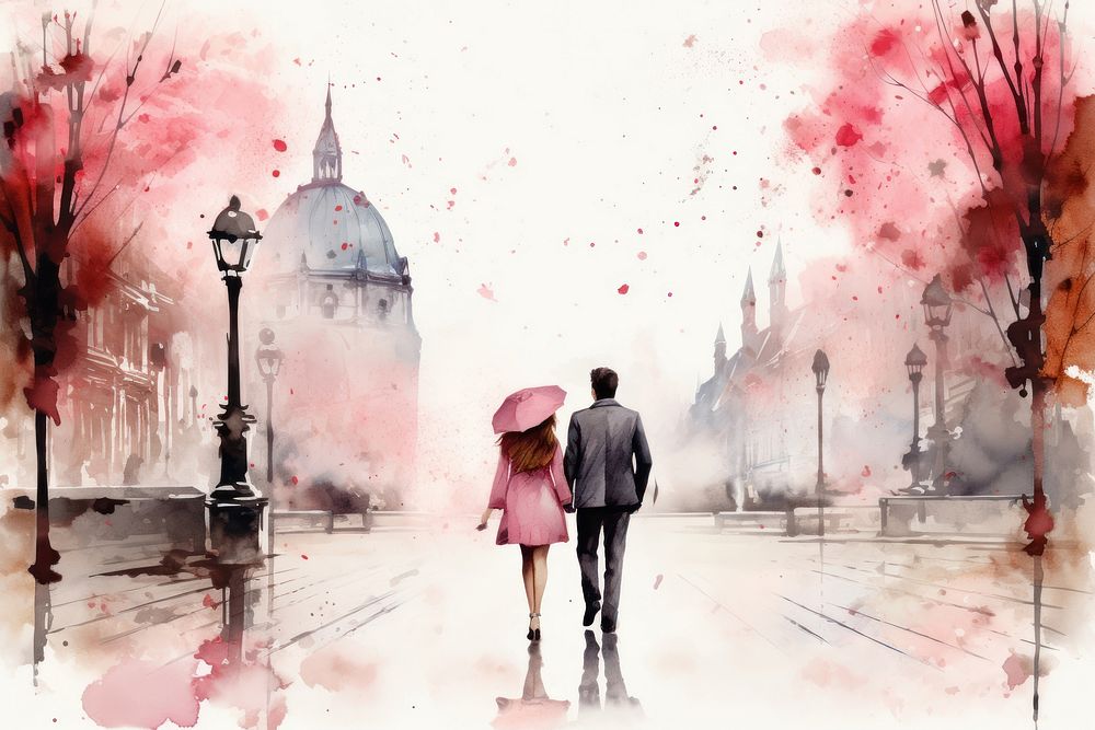 Water color of a couple walking on a street painting city day. 